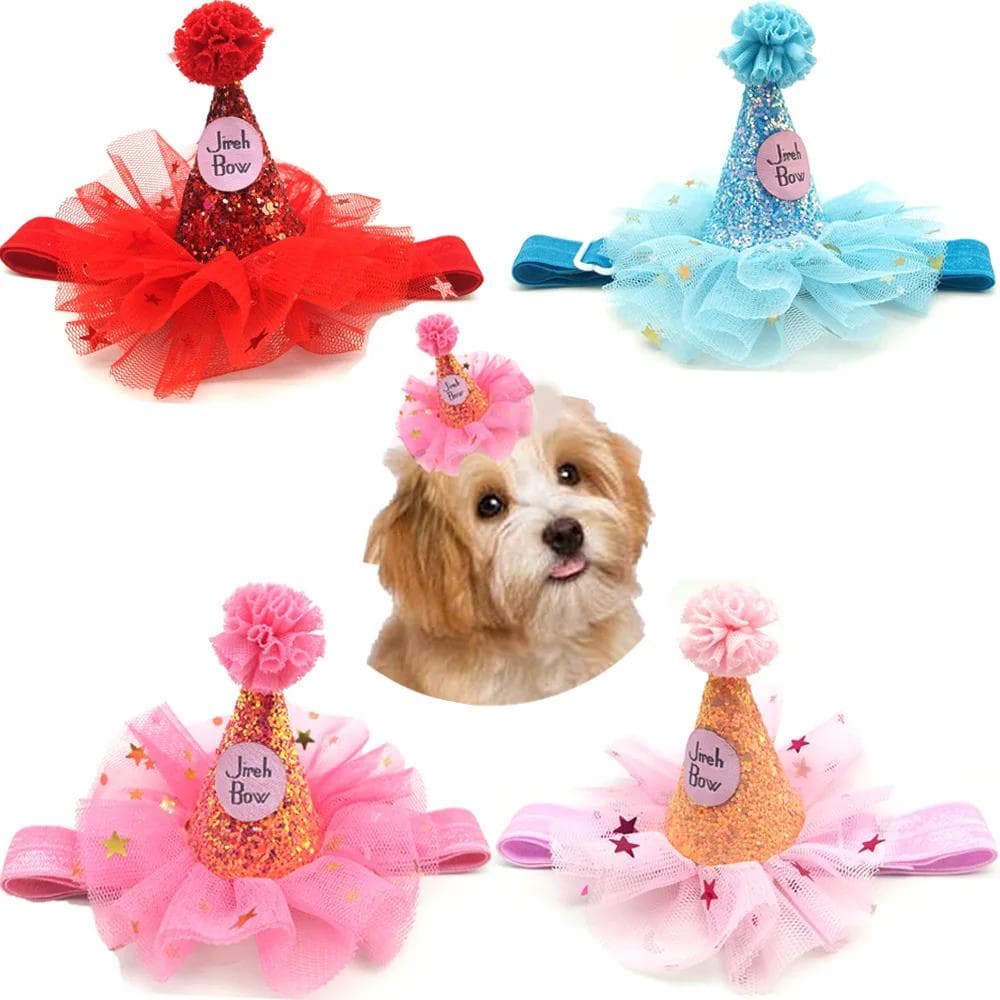 Pet Birthday Hat Tulle Glitter Birthday Cone Pet Headband Headwear For Dogs Cats Party Dress Up Hair Accessories Blue Pink Red rose red