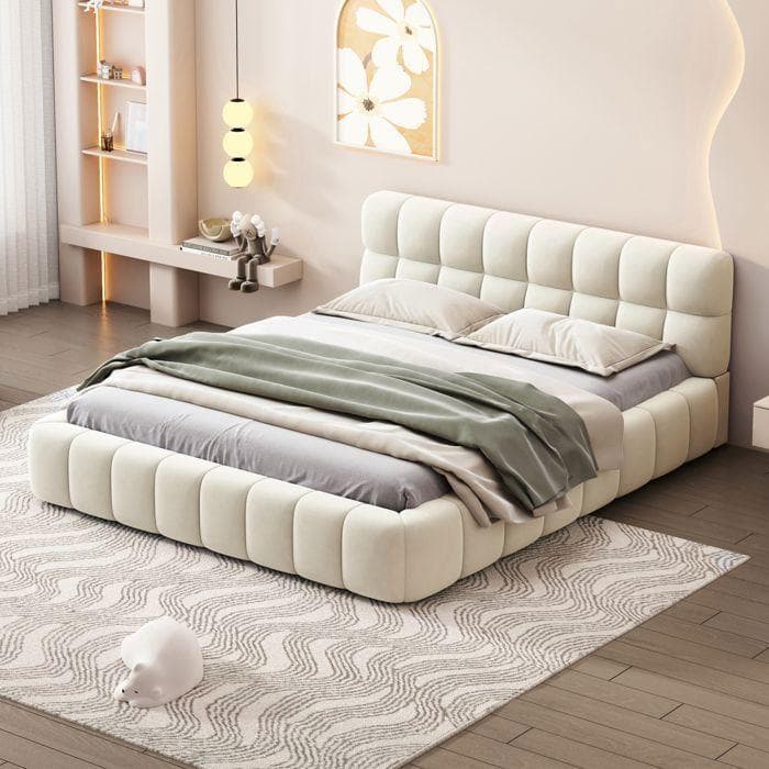 140 x 190 bed with headboard and box spring, double bed with upholstered floor bed, 140 x 190 bed frame with slatted bed base, linen, beige
