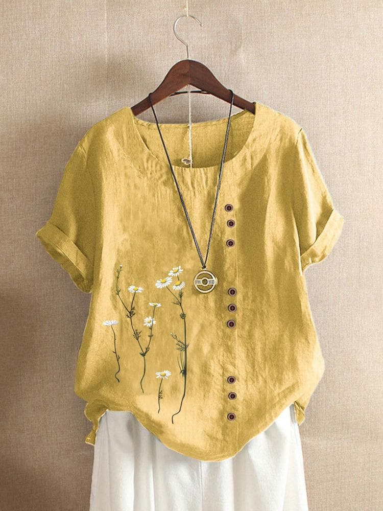 Cotton and Linen Printed T Shirt Tops Women's Summer Loose T Shirt Shirts cm green