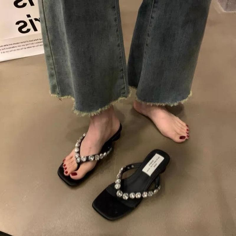 Fashion Summer New Fashion Sandals Rhinestones Chunky Flip-flops Women's Head with Beach Sandals Sandals Lazy Shoes cm black