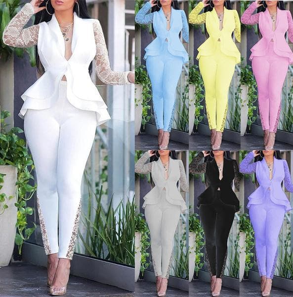 Women's Fashion 2-piece Set Lace Long Sleeve Ruffle Tops +long Skinny Pants Slim Fit Casual Suits cm yellow