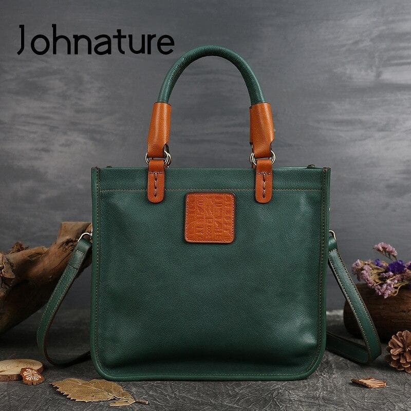 Johnature Genuine Leather Luxury Handbags Women Bags Designer Vintage Natural Cowhide Casual Tote Female Shoulder Bags coffee