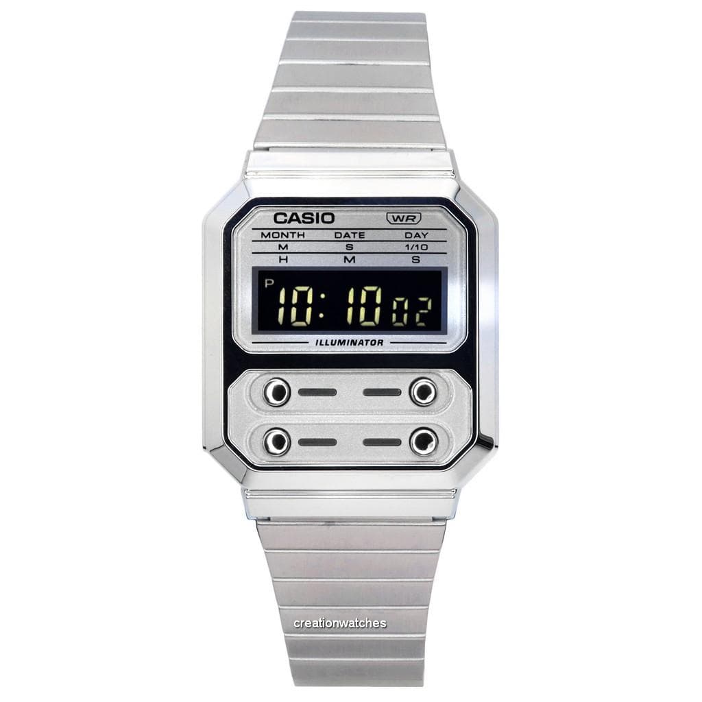 Casio Vintage Digital Stainless Steel Quartz A100WE-7B A100WE-7B Unisex Watch silver