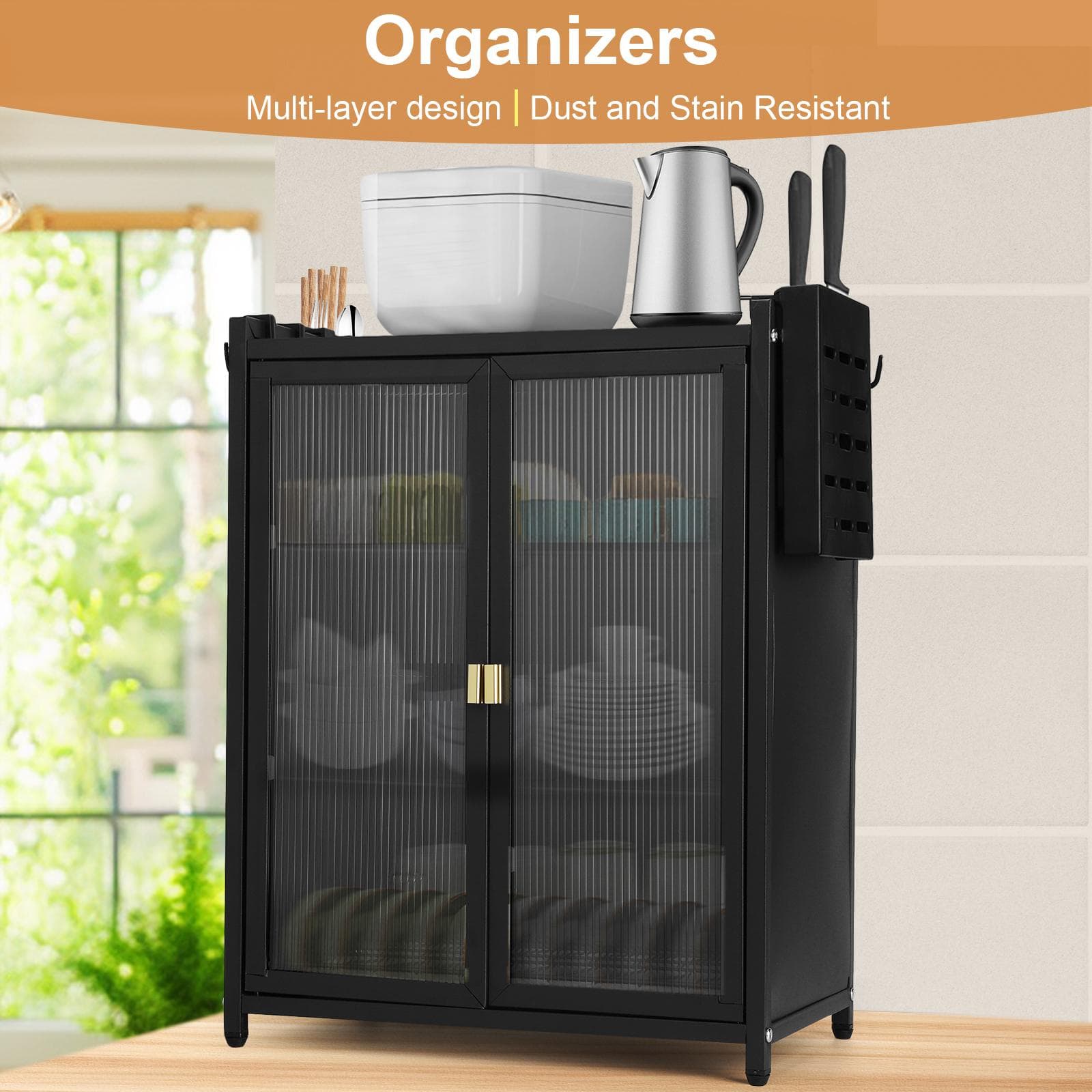 3-Tier Kitchen Storage Cabinetwith Double Door Kitchen Organizer with Chopstick Baskets Kitchen Drain Shelf for Dining and Hallw black