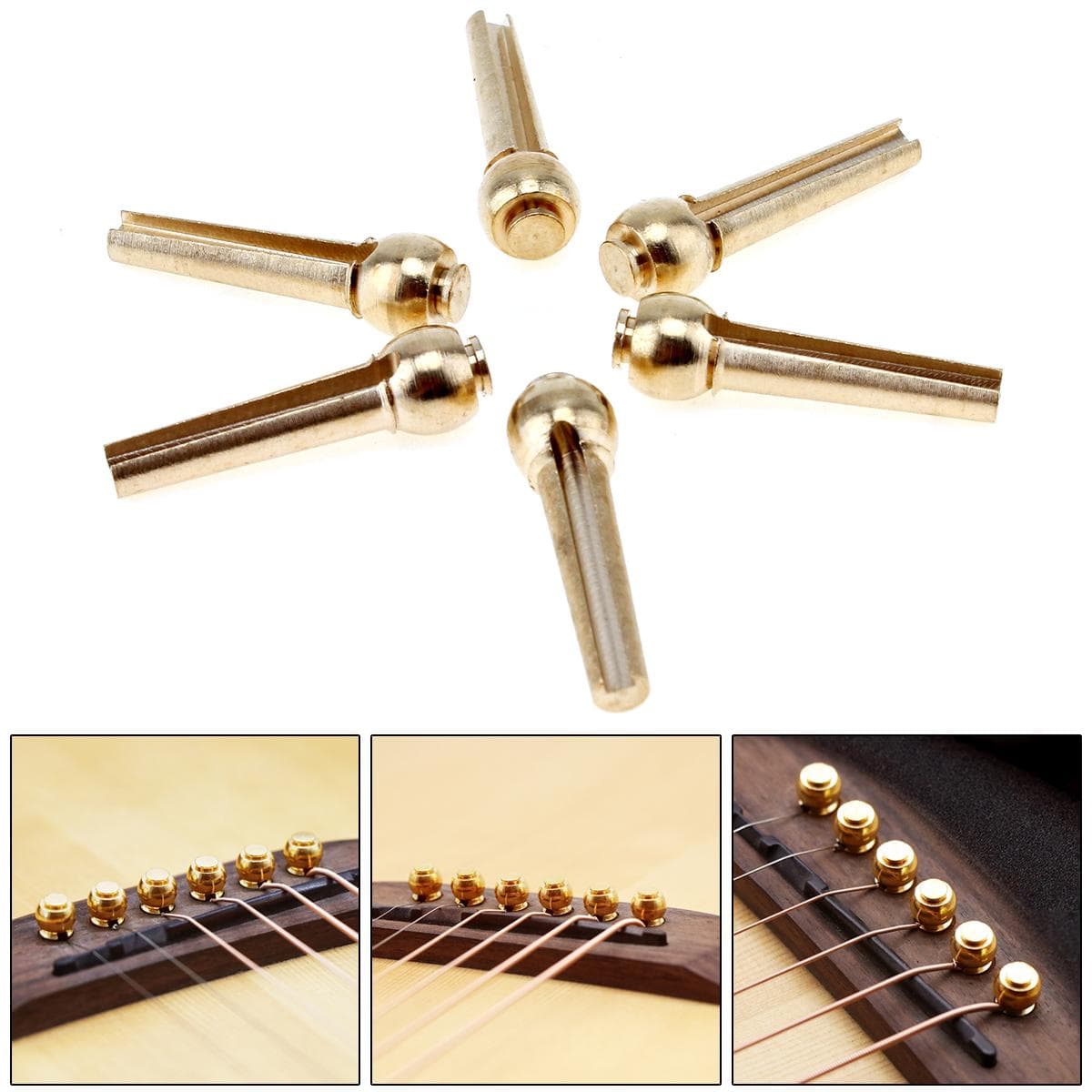 6pcs/set Pure Copper Brass Guitar Bridge Pin Strings Nail Pegs for Acoustic Guitar Keep Full Timbre gold