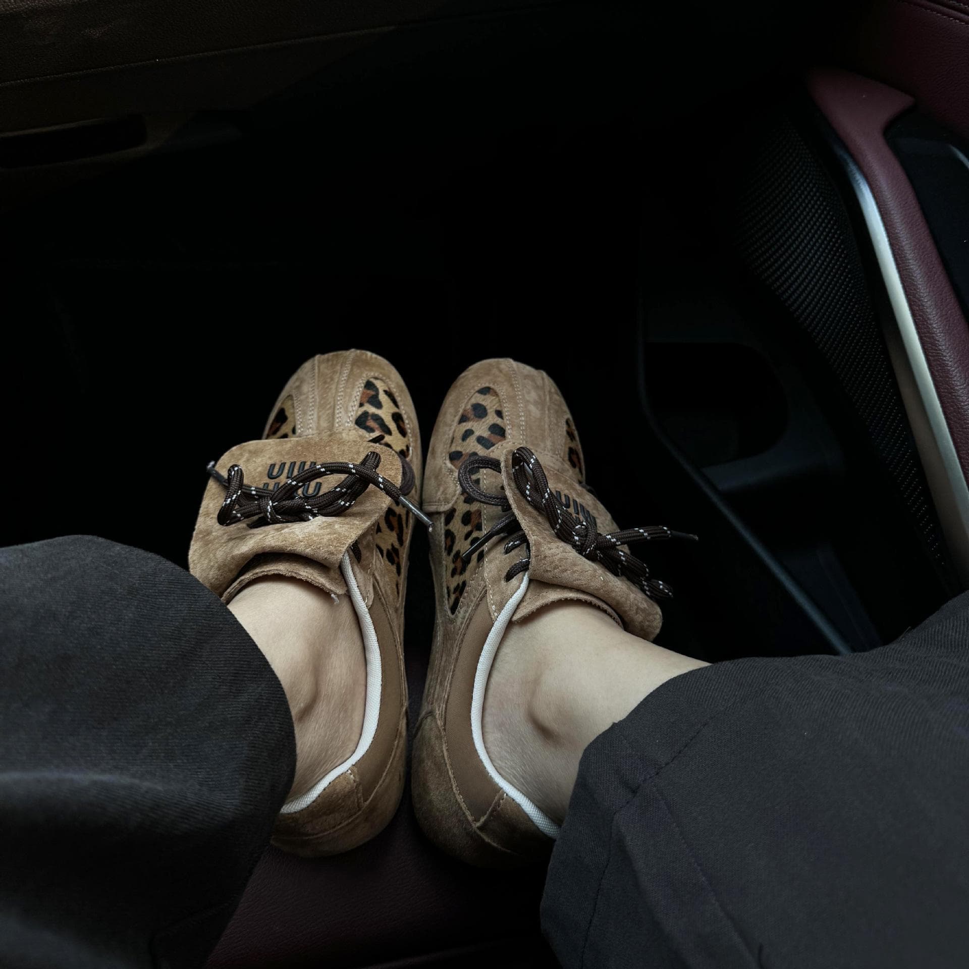 Cowhide version~ genuine leather platform leopard print miu wind strap casual sports shoes women's German training shoes board shoes Forrest Gump s cm