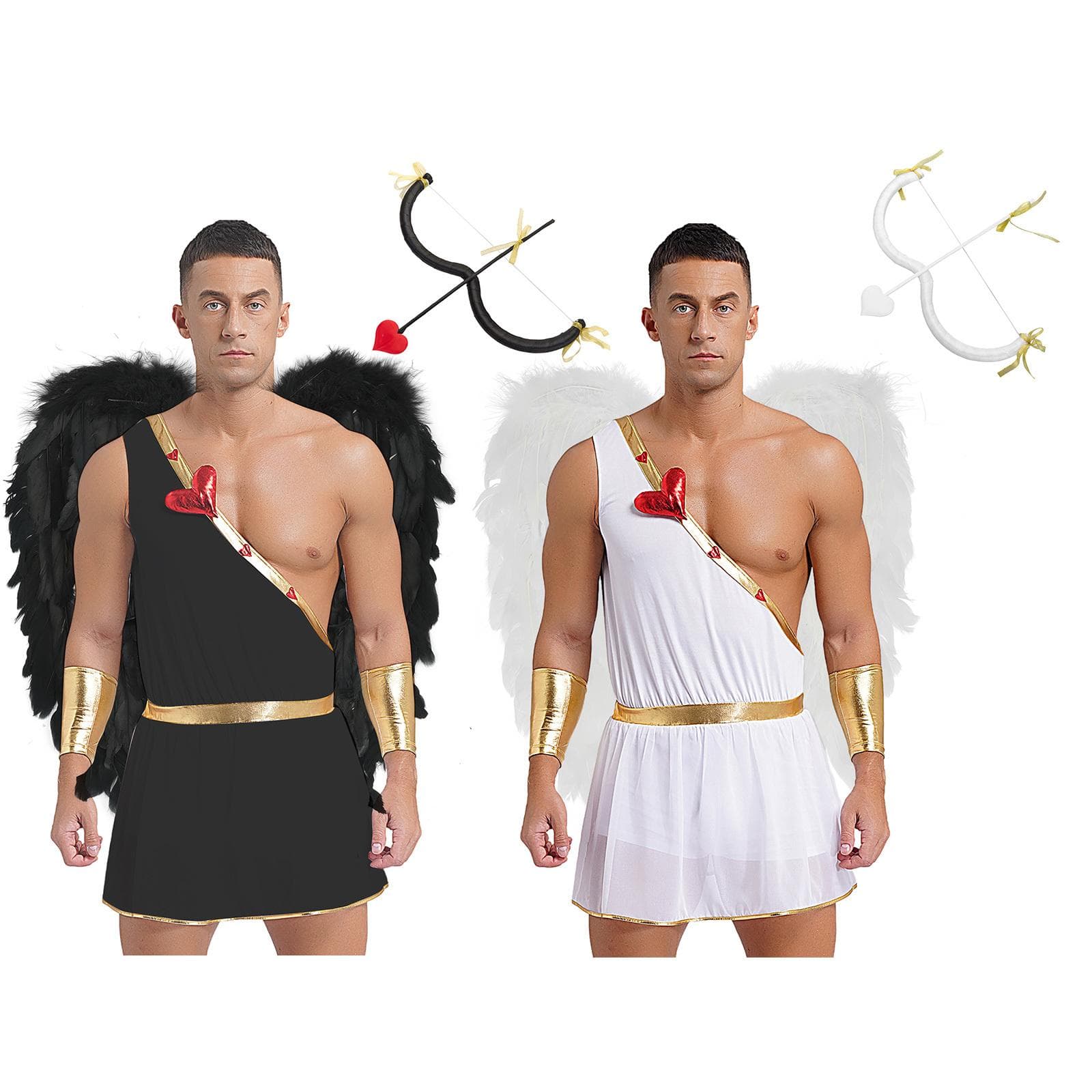 S-3XL Men's Valentine Cupid Cosplay Costume Complete Set: Heart-shaped One Shoulder Romper with Detachable Cuffs, Feather Wings & Bow Arrow cm white