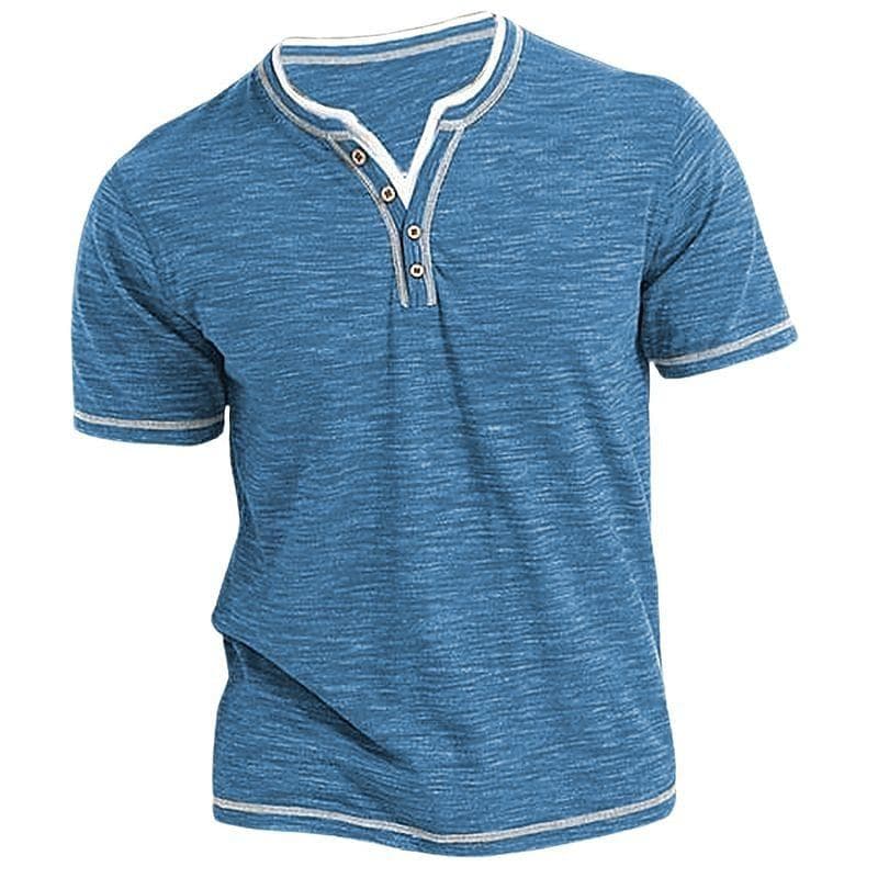 Colored Cotton Small V-neck Open Front Men's T Shirts Summer Casual Short Sleeve Henry Shirt cm blue