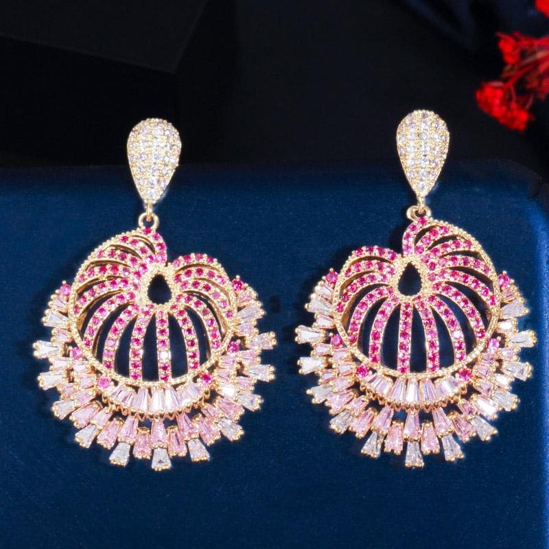 WWJ Romantic Flower Rose Red Zircon Big Dangle Drop Earrings for Brides multicolour