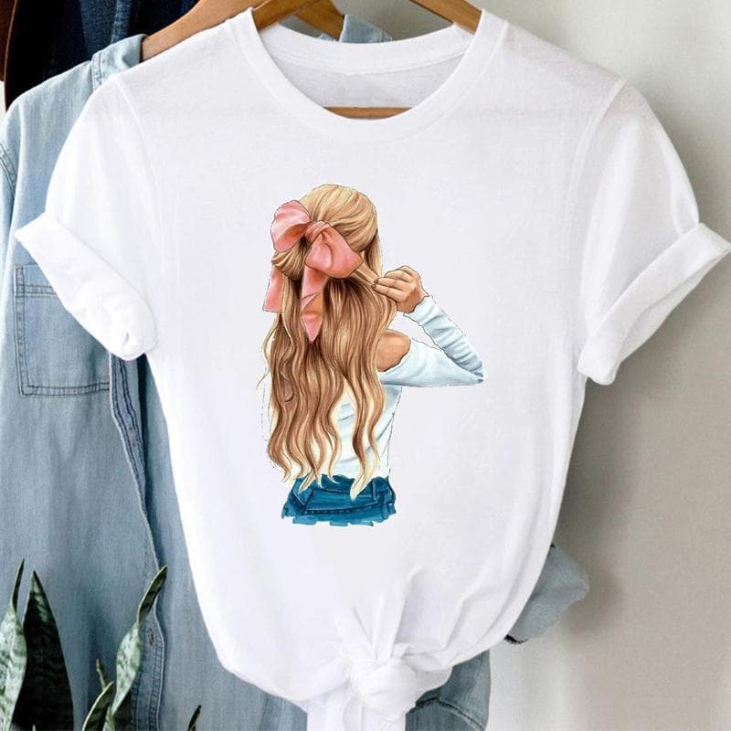 Women Clothing Casual Print Tee Top Watercolor Girl Lovely Summer Fashion Tshirt Short Sleeve Lady Female Graphic T-shirt cm