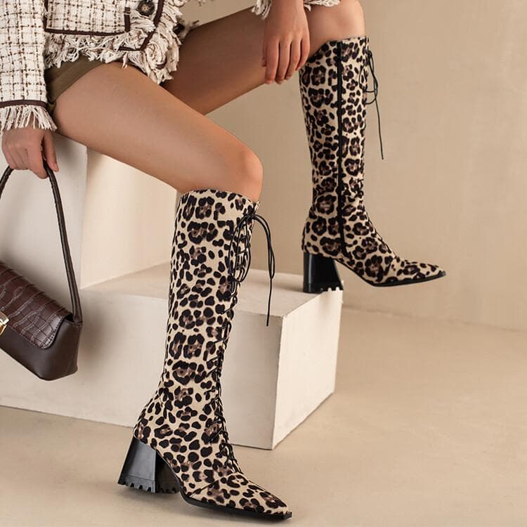 Chunky Block Heels Knee High Boots Women Lace-up Zipper Leopard Riding Boot Big Plus Size 47 48 Ladies Shoes cm