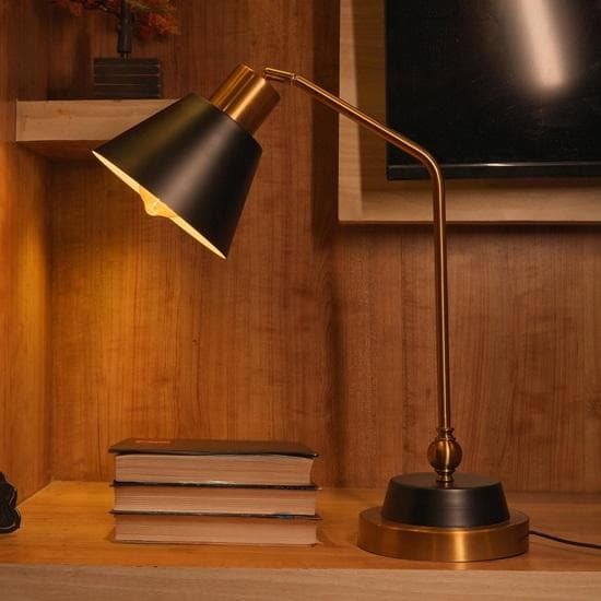 Brass Metal Table Lamp for Study Office Desk Reading Black Polished with Adjustable Head and Body, LED Light with Wired ON Off Switch Gift