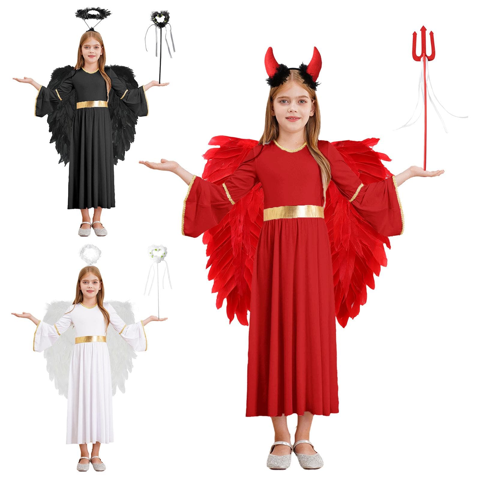 Complete Angel Costume Set 4Pcs for Girls Glitter Halloween Dress with Wings Headband Magic Wand cm white