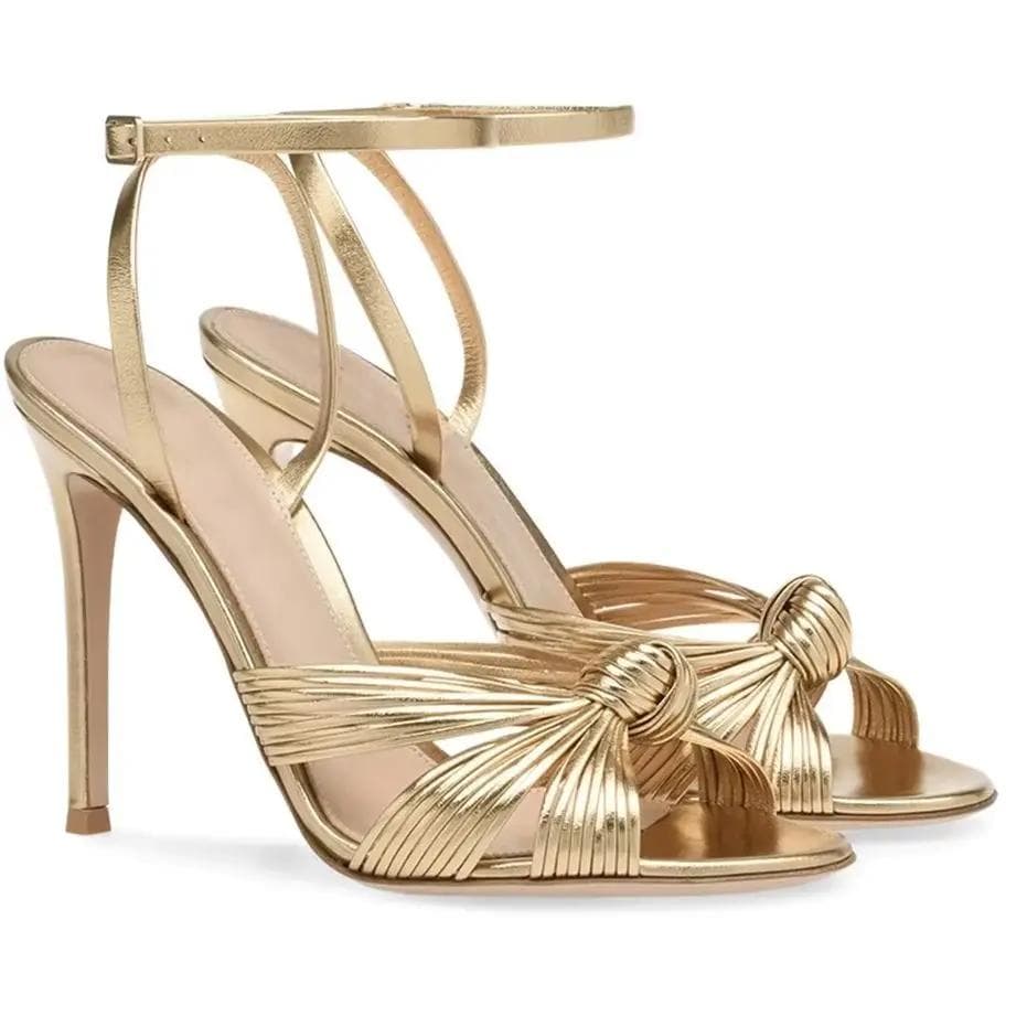 Fashion Gold Color Stiletto Heel Sandals Cross One Word Belt Round Toe Slingback Ankle Strap PU Sandals Women Fashion Party Large Size46 cm
