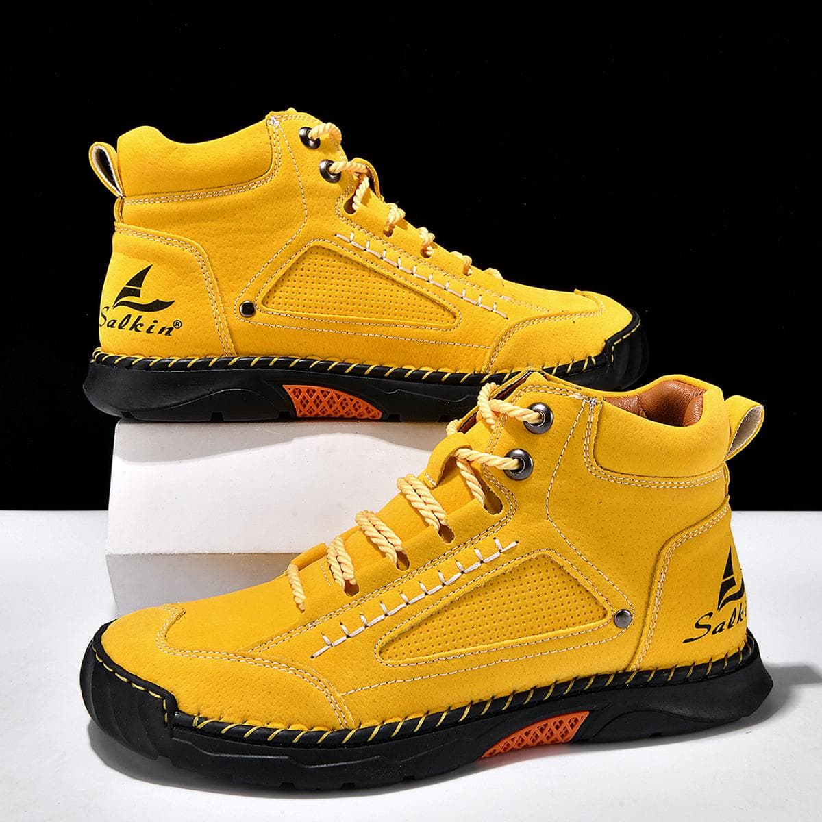 Men's Leather Ankle Boots Outdoor Casual Boots Vintage Soft Sneakers Flat Lace-up Boots Handmade Large Size Mens Shoes Botines cm orange