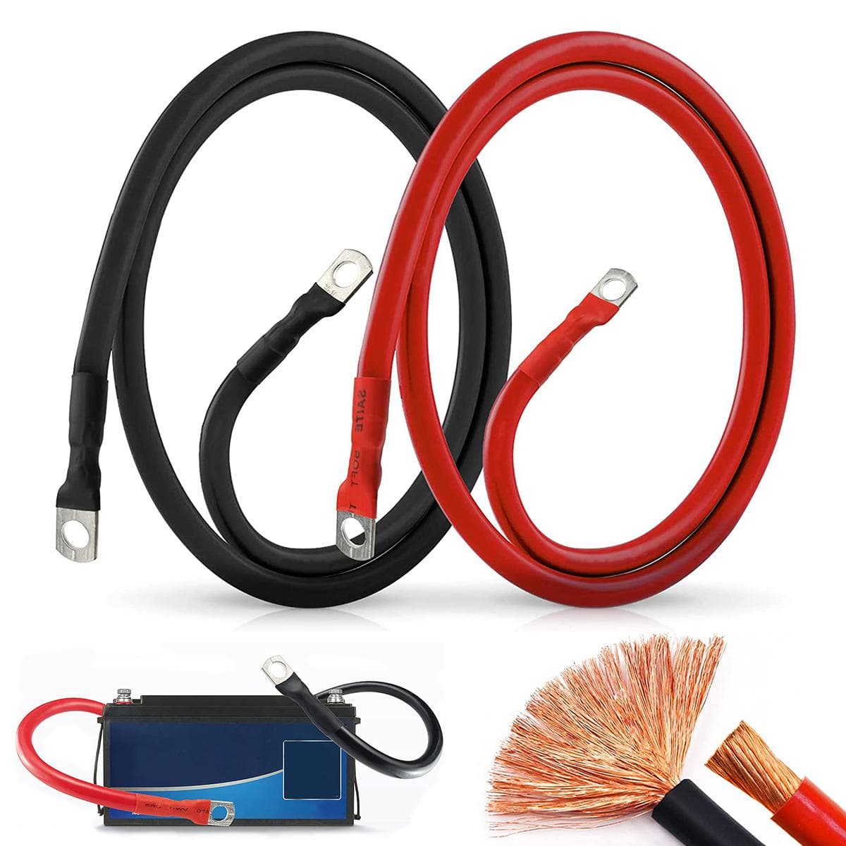 Battery Inverter Cable 2AWG Stranded Copper Wire Connector with 3/8inch Lugs Gauge Battery Cable for Car Marine Solar RV Boat
