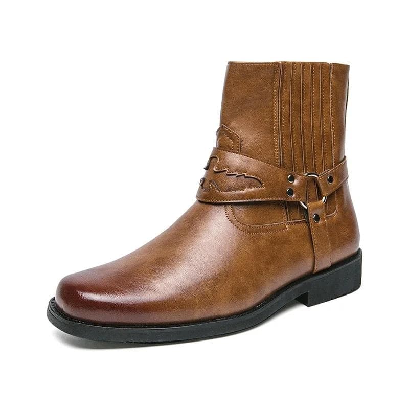 Fashion Men's Leather Buckle Chelsea Boots Men's Boots Black Western Cowboy Boot Zipper Vintage Brown Motorcycle Leather Boots cm black
