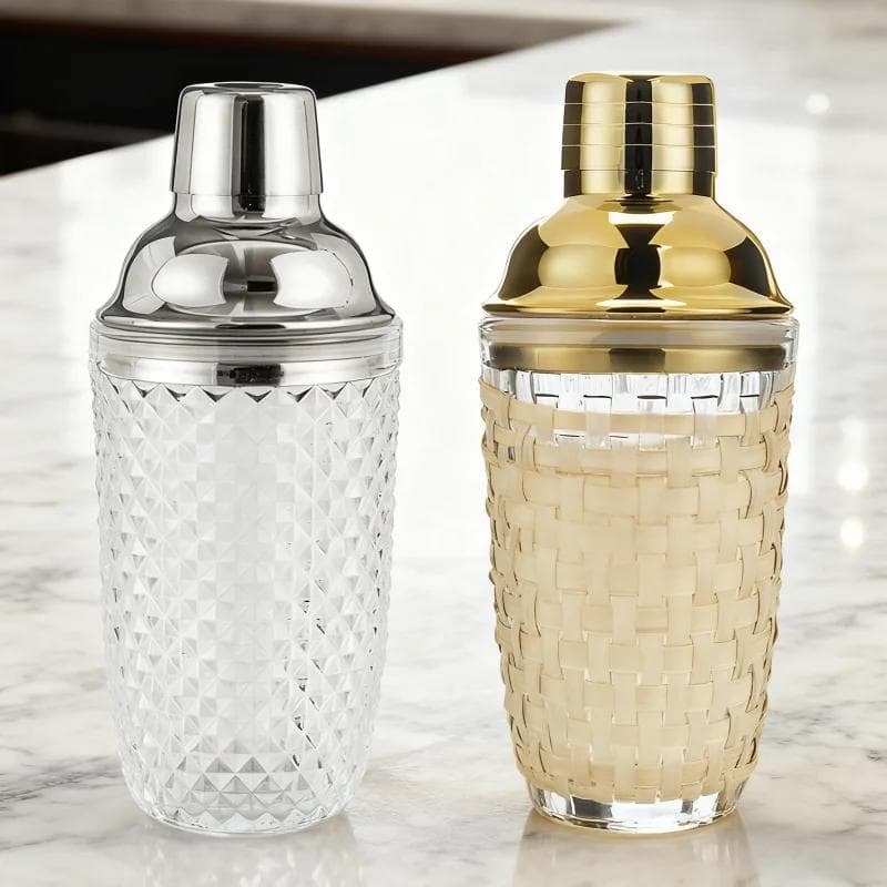 Glass Cocktail Shaker Woven Texture Glass Stainless Steel Lid Cocktail Glass with Leak-Proof Metal Steel Lid and Strainer
