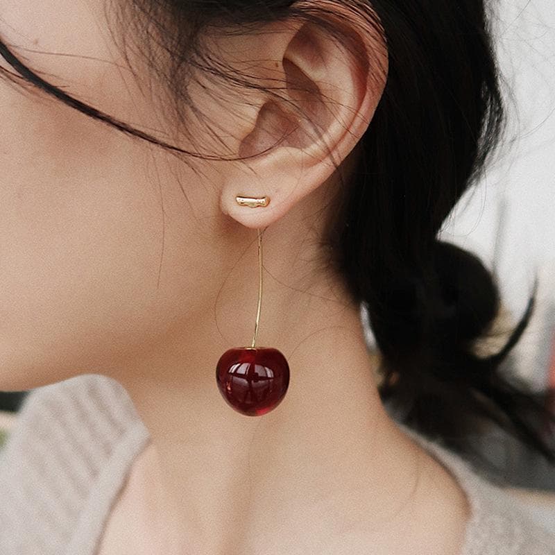 1 Pair Cute Sweet Simulation Red Cherry Gold Color Fruit Stud Earrings for Women Girl Gift red