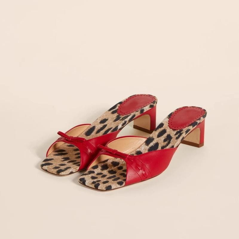 French Square Toe Heeled Open-toe Sandals Women's Retro Versatile Block Heel Straight Bow Sandals Women  Shoes cm red