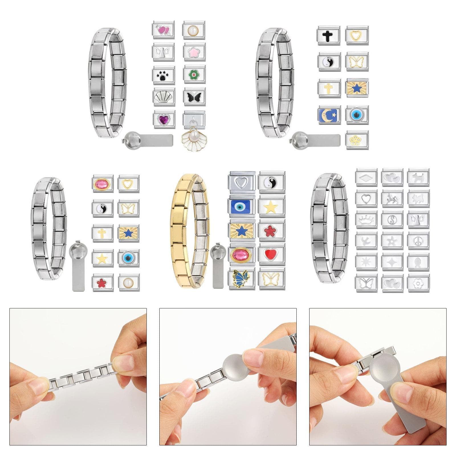 Stainless Steel Italian Style Charms Artisanal Italian Charm Bracelet Set Sturdy Links with Easy to Use Opening Tools