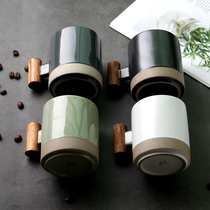 Home Cup Korean Wooden Handle Ceramic Cup Mug Coffee Cup Creative Personality Breakfast Milk Cup Oatmeal Cup Drinkware Type green