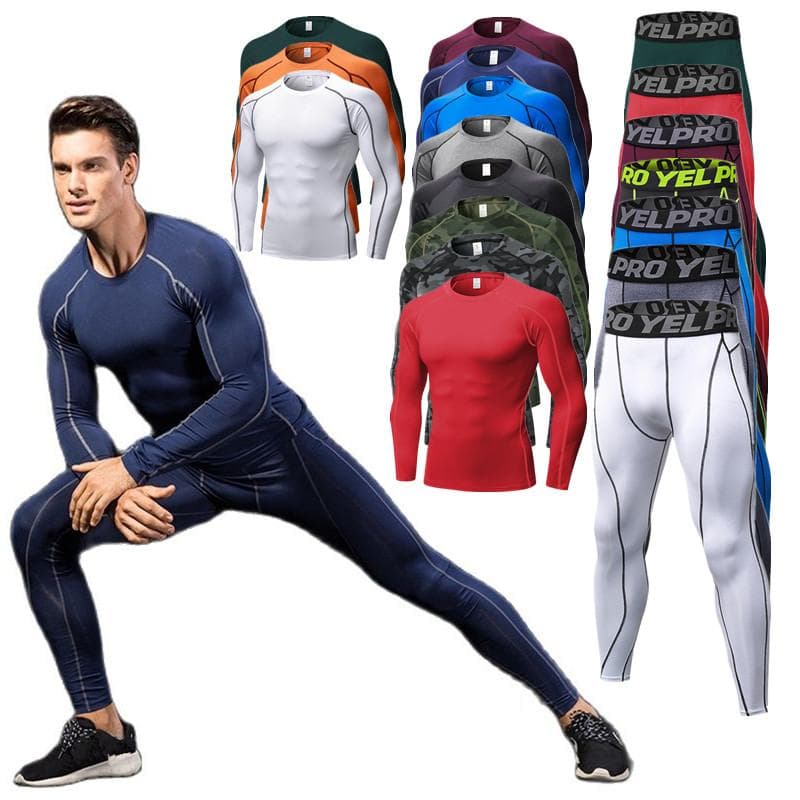 One Set Men's Running Tight Jogging T shirt+ Pants Training Gym Fitness Quick Drying Trousers Professional Sportswear Clothes Long Sleeves cm wine red