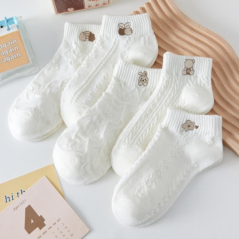 5 Pairs Bear Women Socks Female Hollow Socks Spring and Summer Korean Girls Japanese Cute Ins Tide White Girls Socks cm