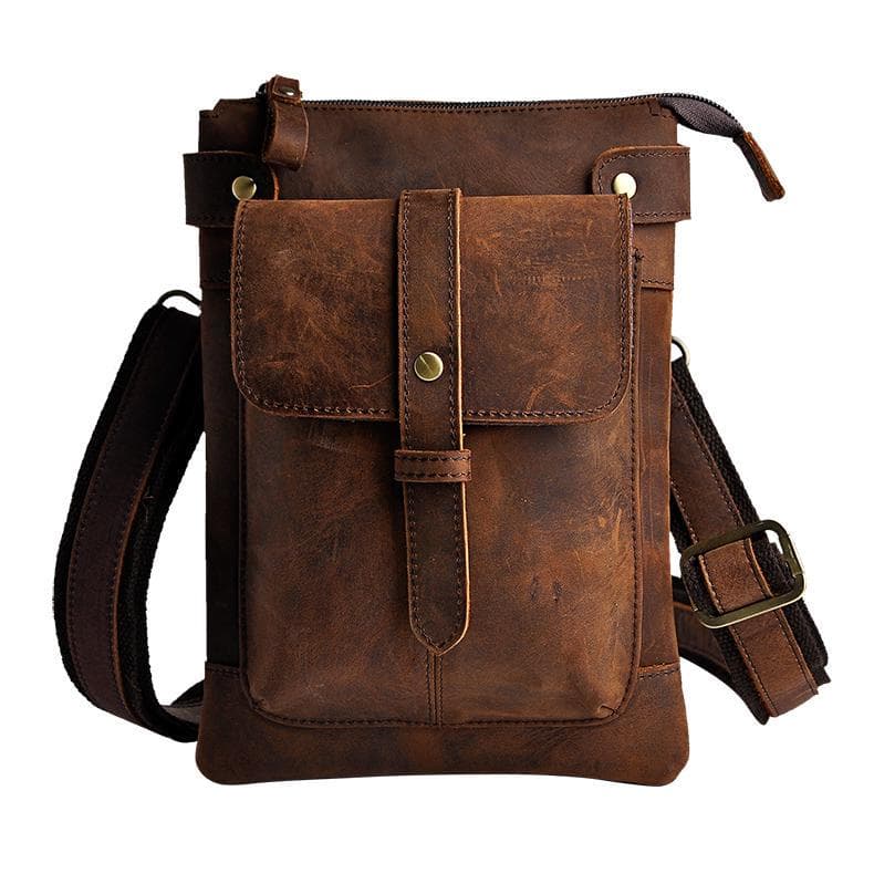 Mens Genuine Leather Multifunction Designe Casual Crossbody Shoulder Messenger Bag Fashion Waist Belt Pack Bag dark brown