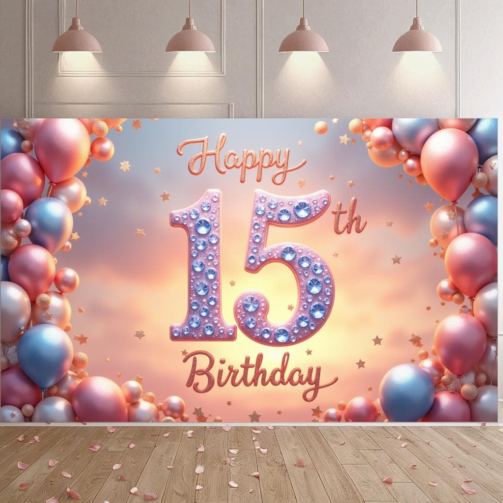15ο Happy Birthday Φόντο Σχέδιο Κομφετί Μπαλόνι Διακοσμήσεις Πάρτι Δέκατου Πέμπτου