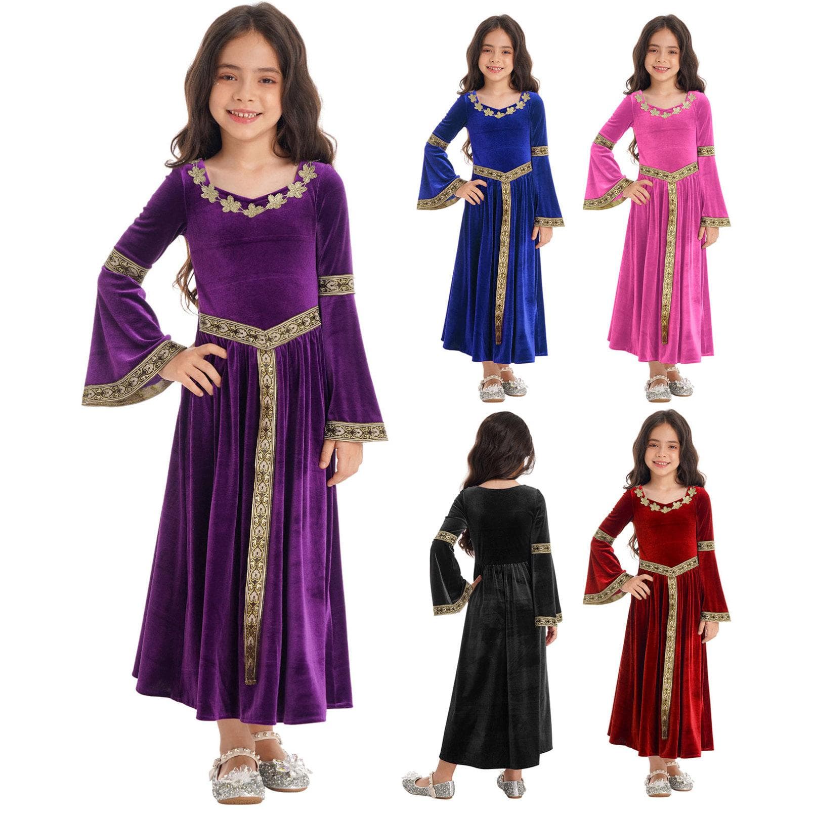 Kids Girls Medieval Princess Velvet Dress Long Flare Sleeve Retro Dress Halloween Cosplay Costumes cm black