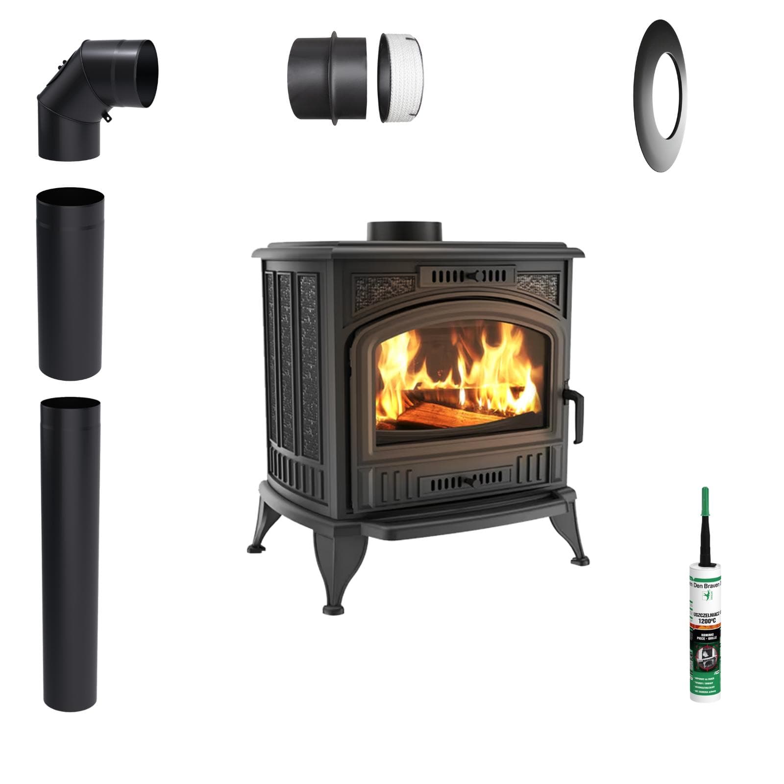 Stove with Water Jacket Cast Iron Fireplace KRATKI Koza K6 8 kW Ø 150 Set