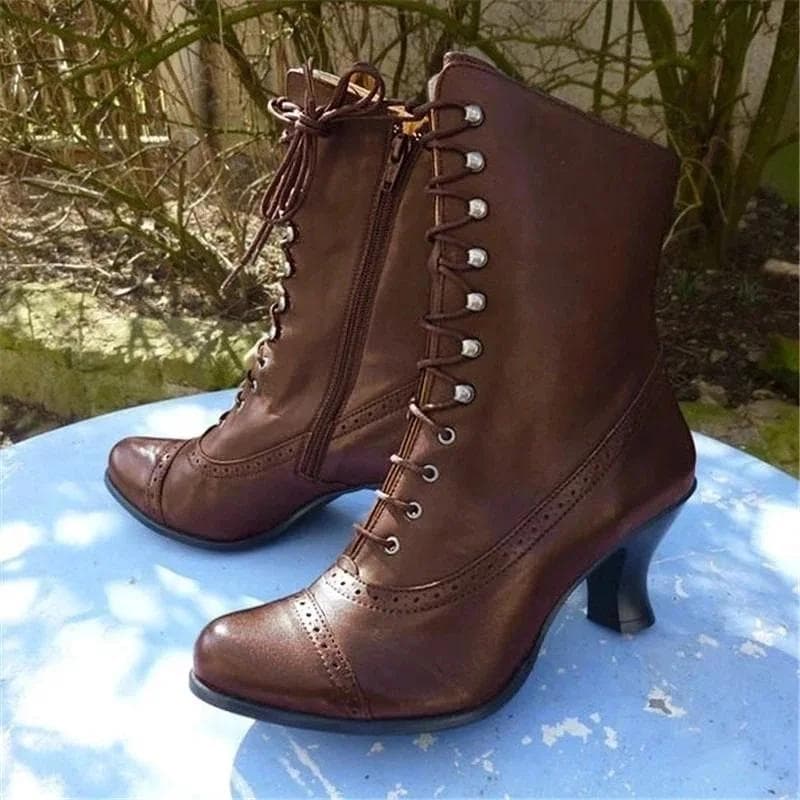 New Winter Lace Up Ladies High Heel Shoes Motocycle Boot Victorian Boots Women Fashion Pointed Toe Thick Soled Short Boot cm