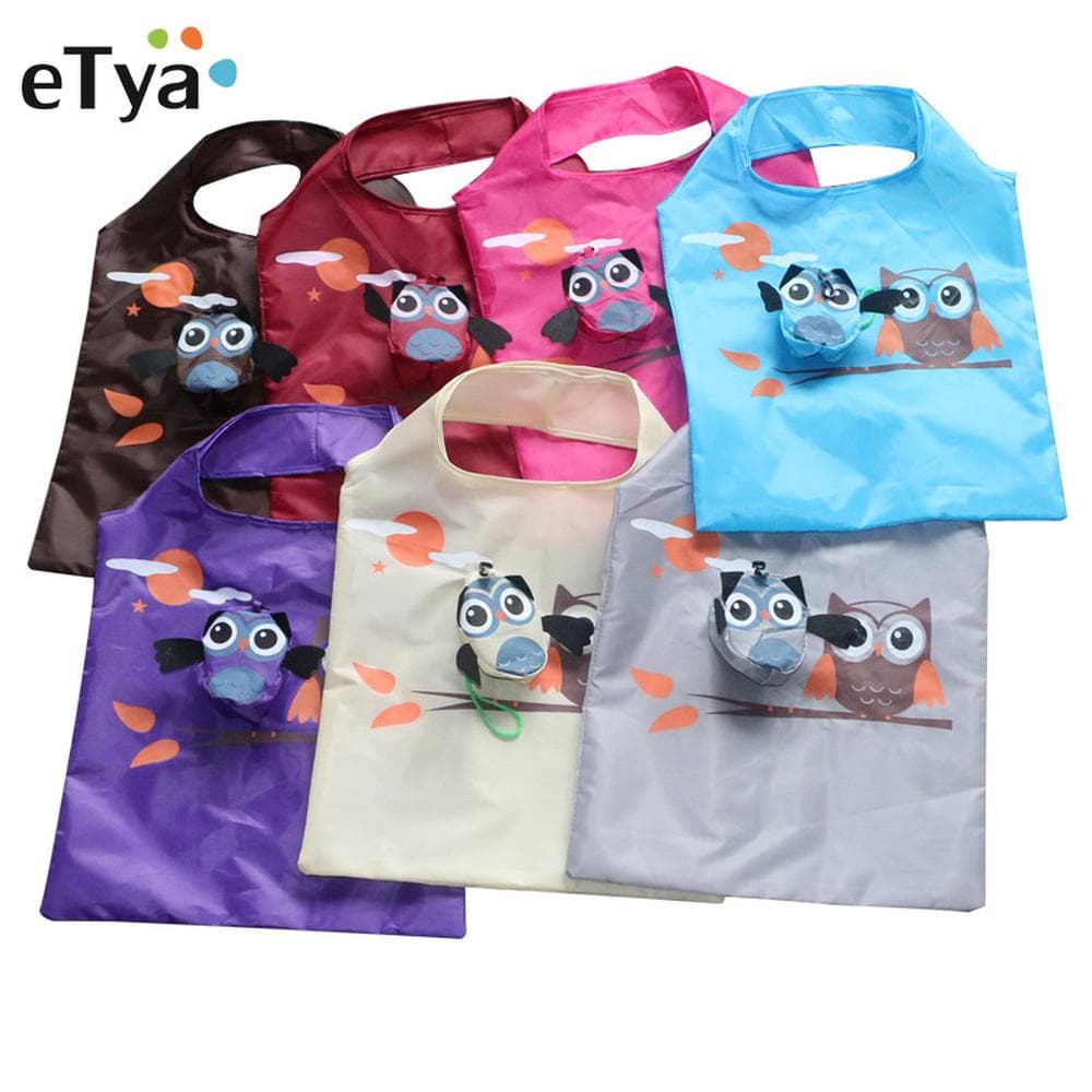 Cute Folding Shopping Bag  Animal Owl Print  Eco Friendly Travel  Lady Shoulder Bag Women Reusable Tote Shopper Bag wine red