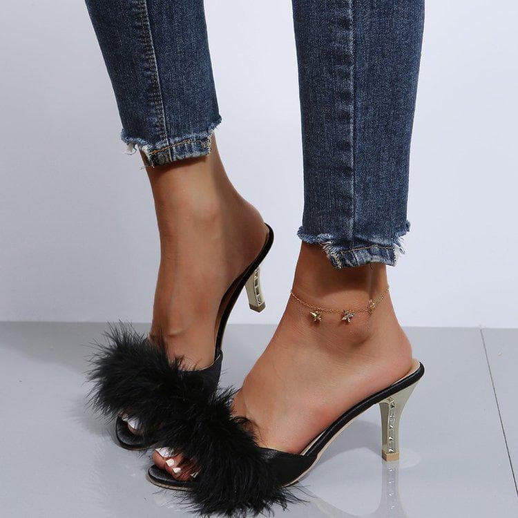 Women's Furry Stiletto High Heel Slippers: Plus Size Open Toe Elegant Sandals cm black