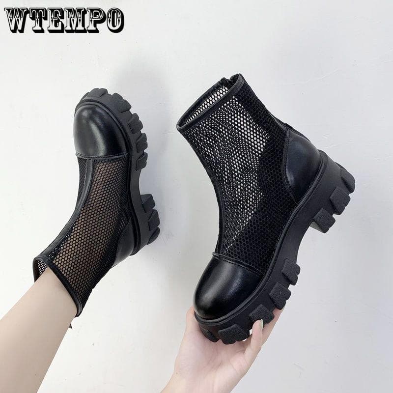 Mesh Boots Female British Style Spring and Summer Thick Bottom Mesh Surface Gauze Breathable Thin Cool Boots cm black