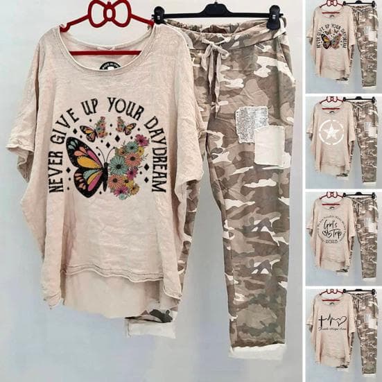 2Pcs/Set Women's Summer Casual Suit Round Neck Printed Breathable Cotton Blend Lightweight Sportswear Outfit Lady Supply cm