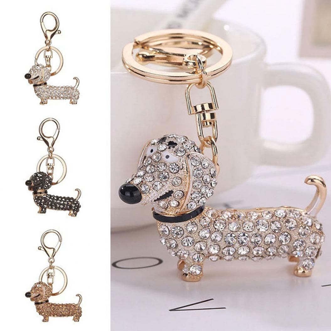 Fashion Dachshund Dog Alloy Rhinestone Key Chain Bag Car Pendant Decor Keyring white