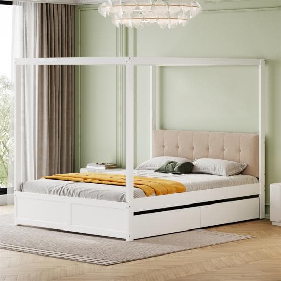 140x200cm Canopy Bed with Large Drawers and Soft Backrest, Four Poster Bed, White Wooden Bed, Strong Load Bearing white
