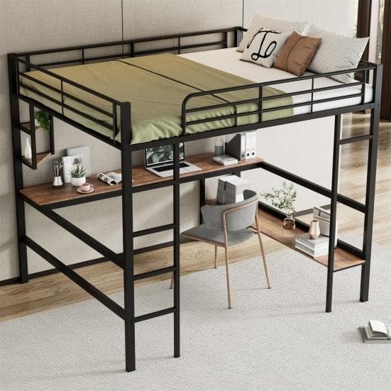Strong Carrying Capacity Metal Bed with Large Bookshelf Four Small Shelves Ladder Fall Protection Grilles Home Metal Frame Loft Bed Home Furniture bla