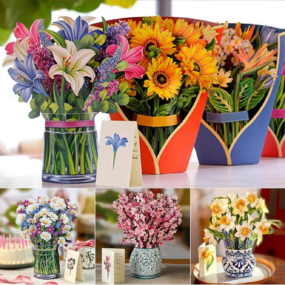 3D Pop Up Flower Greeting Card Creative Mother's Day Thank You Postcard Stereoscopic Bouquet Greeting Card Thank You Card Gifts