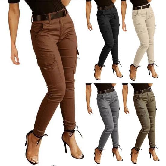 Slim Fit Cargo Pants Women Low-Rise Button Zipper Fly Solid Color Pencil Pants Multi-Pockets Design cm khaki