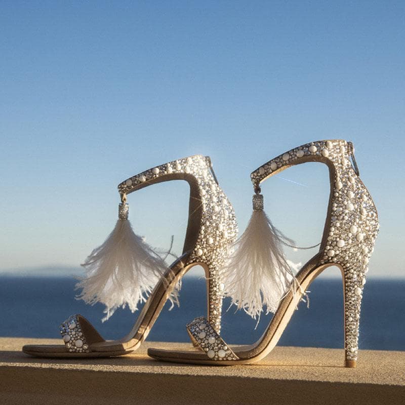 Feather Rhinestone Banquet Wedding Shoes Bridesmaid Shoes Summer Open Toe Sandals Pearl Stiletto Heels Bridal Wedding Shoes cm pink