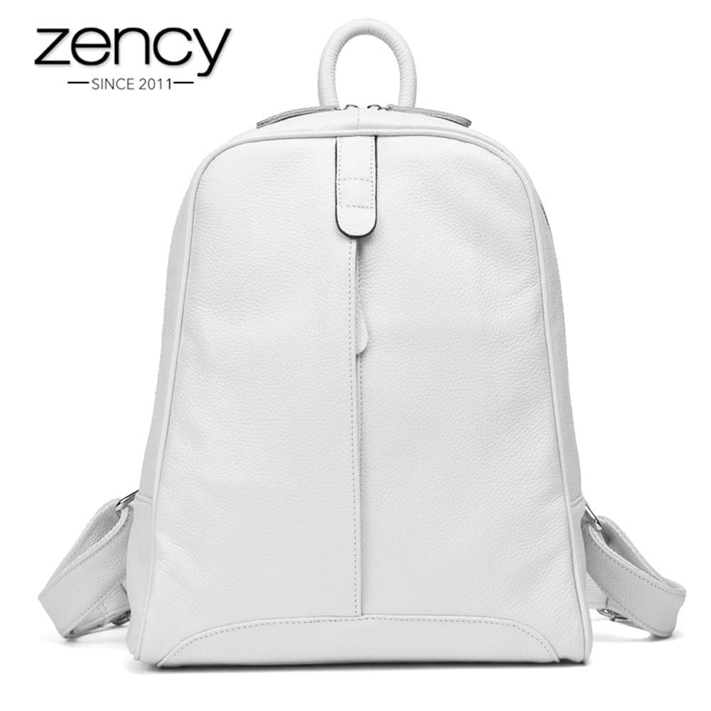 Zency 100% Soft Genuine Leather Fashion Women Backpack Casual Travel Bag Preppy Style Girl's Schoolbag Notebook Laptop Knapsack white