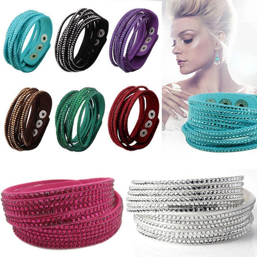 Fashion Mulilayer Faux Leather Wristband Cuff Punk Rhinestone Bangle Bracelet light green