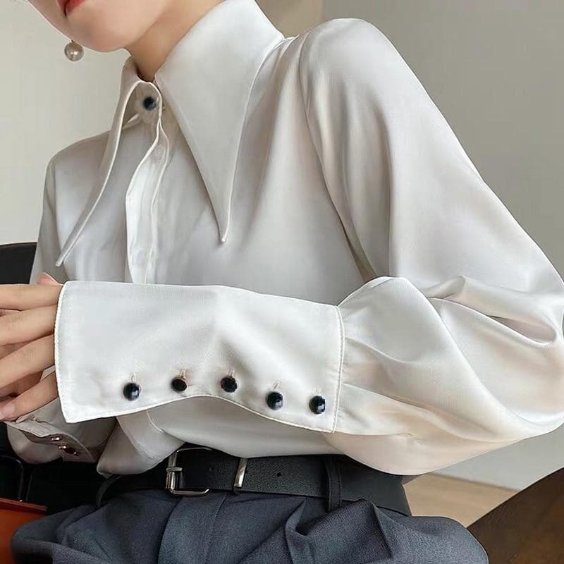 Autumn Vintage Satin Silk Women Shirt Elegant Turn Down Collar Woman Blouse White Long Sleeve Ladies Shirts Tops Blusas 16946 cm white