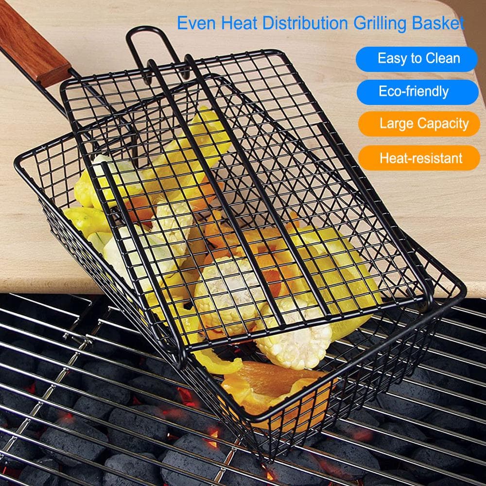 Grilling Nonstick Grill Basket with Lid Metal Barbecue Basket with Foldable Removeable Wooden multicolour