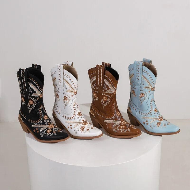 Black Embroidered Western Cowboy Boots Hick Heel Mid Boots Bohemian Knight Boots Short Booties cm