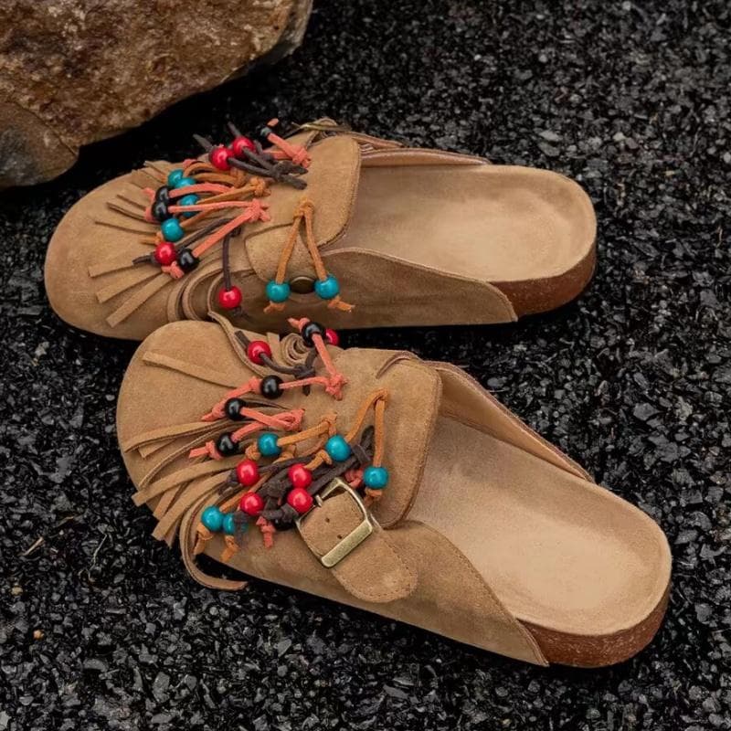 Bead Fringe Flats Suede Slippers Winter Women Shoes 2025 Trend Slingback Casual Mules Fashion Flip Flops Home Zapatillas Mujer cm camel