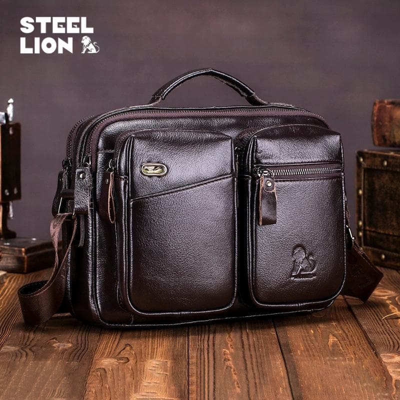 LAOSHIZI Brand Man Messenger Bag Genuine Leather Crossbody Bag Fashion Male Travel Tote Bag Shoulder Bag dark brown
